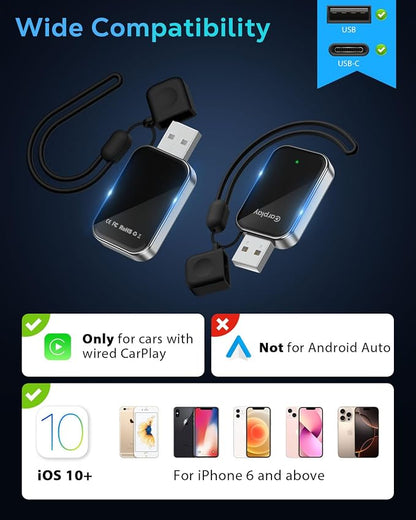 Wireless CarPlay Adapter for Apple iPhone - 2025 Wired Car Play to Wireless Dongle, USB-A/C Plug & Play, Stable Bluetooth CarPlay Adapter Only for iPhone iOS 10+ & Cars with Factory Wired Car Play