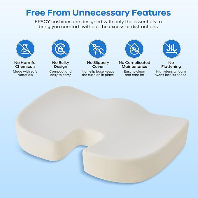 EPSCY Memory Foam U-Shaped Cushion for Coccyx, Hemorrhoid, Sciatica & Tailbone Pain Relief - Pressure Reducing Seat Cushion with Removable Cover - Postpartum Pillow for Office Chair, Wheelchair, Gray