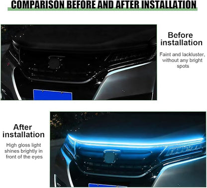 Car Hood Light Strip, 59 Inch Silicone Flexible Daytime Vehicle LED Running Lighting with Dynamic Scan Start Up Effect, Waterproof Auto Exterior Lamp Accessories, Universal Fit (Ice Blue)