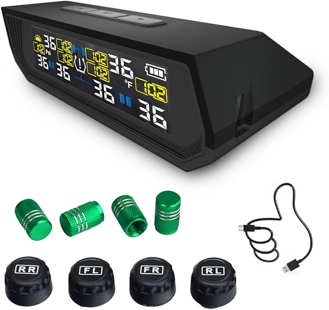 Tire Pressure Monitoring System TPMS, Solar Charge Tire Pressure Monitor with 4 External Sensors & 6 Alarm Modes, 0-99 PSI, Real-time Wireless TPMS for Car Sedan SUV Pickup - with 4 Tire Valve Caps