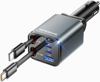[Upgraded] 4 in 1 Retractable Car Charger, SUPERONE Smaller Fast Car Phone Charger 69W with Cord, USB C and iPhone Car Charger Adapter, Compatible iPhone 17/17 Pro Max/16/15/14/13/12/11, Sumsung