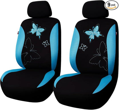 Flying Banner Butterfly car seat Covers ful Set Fashion Universal Lady Woman Female Rear Bench Split Colorized (Mint Blue, 2 Fronts - Lace)