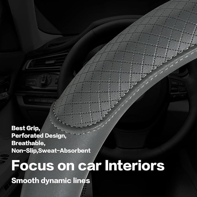 Microfiber Leather Steering Wheel Cover, Classic Embossing, Anti-Slip, Breathable, 15 Inch, Gray
