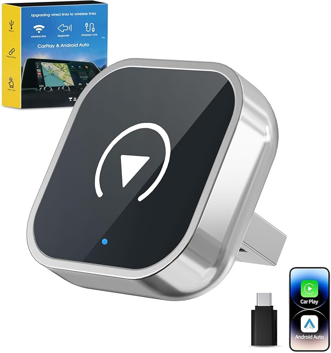 Wireless CarPlay Adapter for iPhone and Android Auto, 2-in-1 Convert Wired to Wireless Car Play Adapter, Plug and Play, No Latency, Fast and Stable Auto Connect, with USB/USB-C