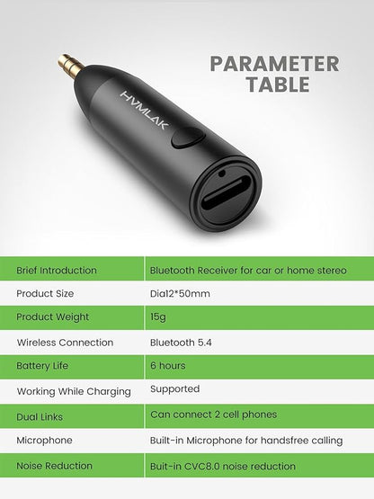 HVMLAK Bluetooth 5.4 Car Aux Adapter with Enhanced Microphone, 3.5mm Jack for Car Home Stereo, USB-C Charging, Sturdy Case, 1 Piece
