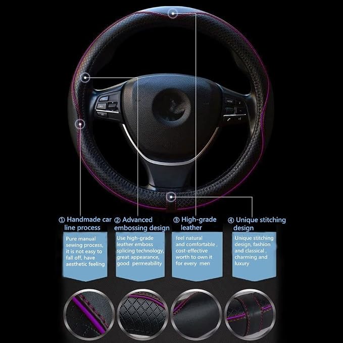 Gomass Car Steering Wheel Cover, Anti-Slip, Safety, Soft, Breathable, Heavy Duty, Thick, Full Surround, Sports Style (Black with Purple line)
