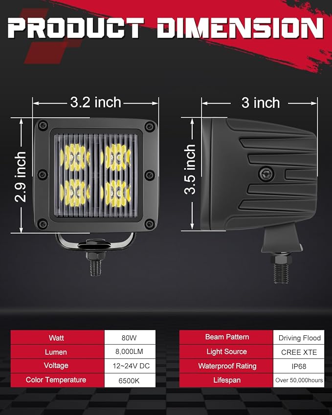 OFFROADTOWN LED Cubes, 3 Inch 80W CREE LED Pods Offroad Driving Lights Ditch Fog Backup Reverse Light for for Trucks UTV SUV ATV Motorcycle Pickup Boat - 2Pcs Driving Flood Beam