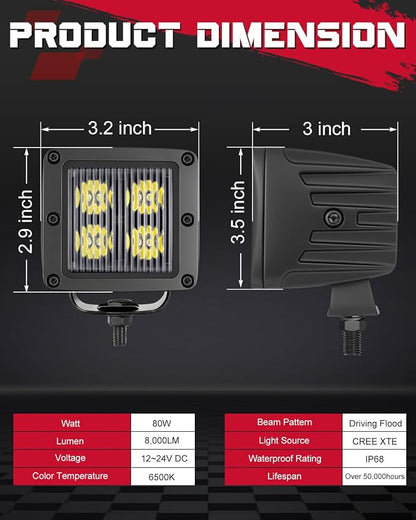 OFFROADTOWN LED Cubes, 3 Inch 80W CREE LED Pods Offroad Driving Lights Ditch Fog Backup Reverse Light for for Trucks UTV SUV ATV Motorcycle Pickup Boat - 2Pcs Driving Flood Beam