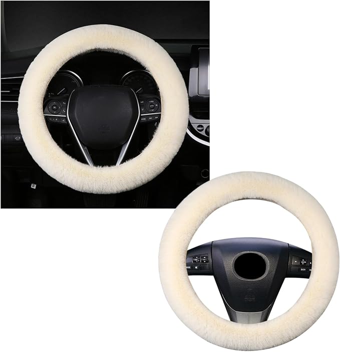 Ziciner Fuzzy Steering Wheel Cover, 15 inch Soft Wool Fur Steering Wheel Protector, Fluffy Wheel Covers for Winter Warm, Car Interior Decoration Accessories for Women Men (Beige)