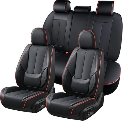 Coverado Seat Covers, Car Seat Covers Full Set, Leather Seat Covers for Cars, Car Seat Protector, Black Car Seat Covers Front Seats and Back Seats Universal Fit for Most Cars Redline