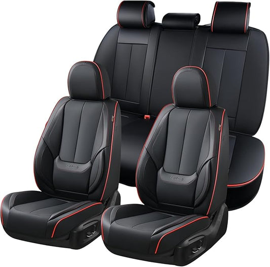 Coverado Seat Covers, Car Seat Covers Full Set, Leather Seat Covers for Cars, Car Seat Protector, Black Car Seat Covers Front Seats and Back Seats Universal Fit for Most Cars Redline