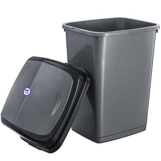 Superio Kitchen Trash Can 13 Gallon with Swing Lid, Plastic Tall Garbage Can Outdoor and Indoor, Large 52 Qt Recycle Bin and Waste Basket for Home, Office, Garage, Patio, Restaraunt (Grey/Black)