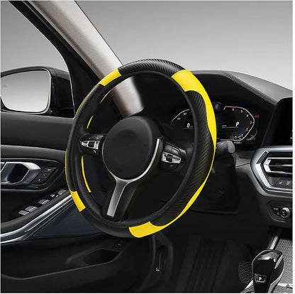 DXNQ Car Steering Wheel Cover, 15 Inch Carbon Fiber Leather Stitching Color Steering Wheel Protector, Anti-Slip Elastic Breathable Steering Wheel Cover Stylish Decor for Most Cars (Yellow)