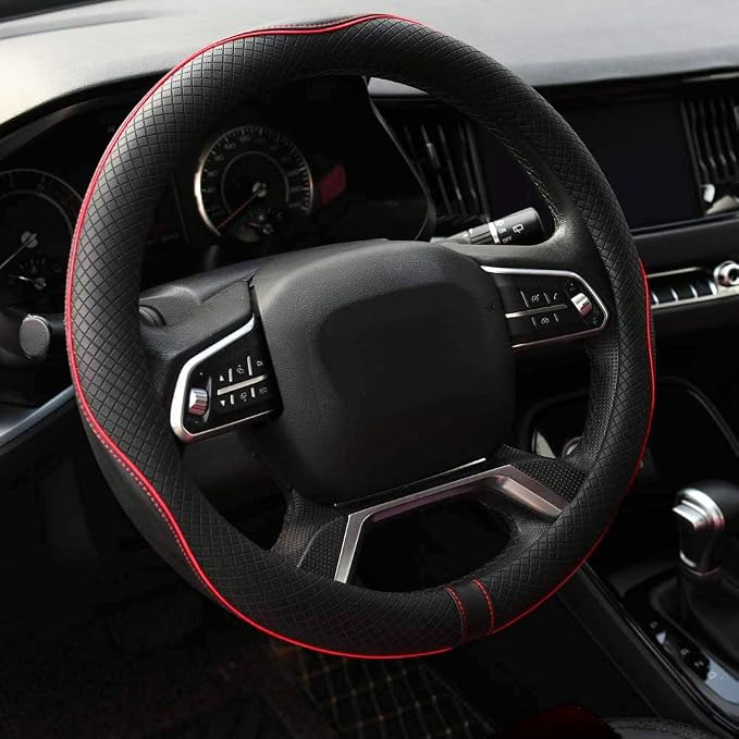 Microfiber Leather Car Steering Wheel Cover, Soft Padding, Durable, No Smell, Universal 15 Inch Steering Cover, Anti-Slip Embossing Pattern A, Black with Red Line
