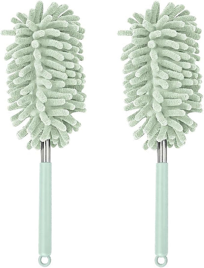 Zpana 2PCS Car Interior Duster with Extension Pole, Soft Chenille Retractable Washable Dash Detailing Cleaner, Auto Window Cleaning Brush Duster for Interior Exterior, Universal Fit (Green)