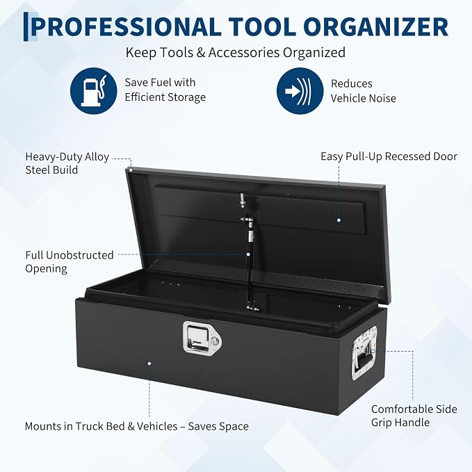 Heavy Duty Steel Metal Tool Box 20" for Truck Bed, Locking Plate Crossbed Storage Chest with Gas-Strut Assisted Lid, Weather-Resistant Truck Bed Tool Box for Pickup, Trailer, RV