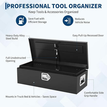 Heavy Duty Steel Metal Tool Box 20" for Truck Bed, Locking Plate Crossbed Storage Chest with Gas-Strut Assisted Lid, Weather-Resistant Truck Bed Tool Box for Pickup, Trailer, RV