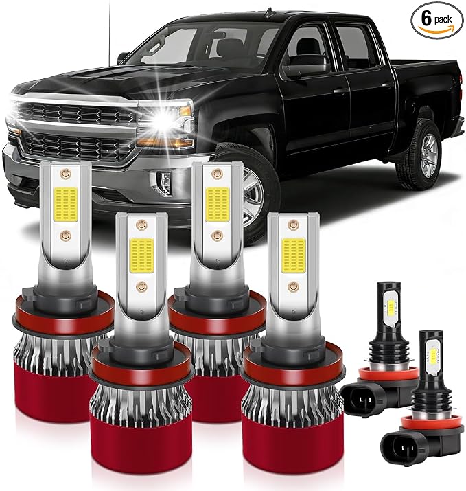 Light Bulbs Fit for 2022-2023 Chevrolet Silverado 1500 2500 3500HD H9 High Beam H11 Low Beam 5202 Fog Light Ultra-bright with Cooling Fan 15000 RPM Plug and Play Pack of 6