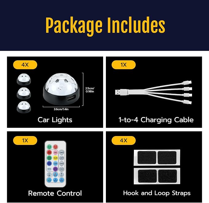 Mcbazel Wireless Car Ambient Lights, Upgraded Starry LED Interior Decor Lighting with Remote & Voice Control, 12H Long Battery, 1-to-4 USB-C Cable, Hook and Loop Mount Footwell Light, 4-Pack