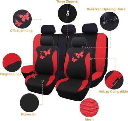 Flying Banner Butterfly car seat Covers ful Set Fashion Universal Lady Woman Female Rear Bench Split Colorized (Full Set, Red)