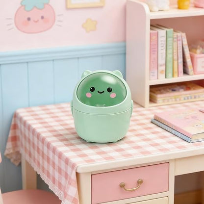 Mini Trash Can, Cute Small Trash Can with Lid, Desktop Paper Bin with 5 Rolls of Bin Liners, Portable Tabletop Dustbin, Cartoon Animal Rubbish Storage for Office Bedroom Desk Kitchen(Green)