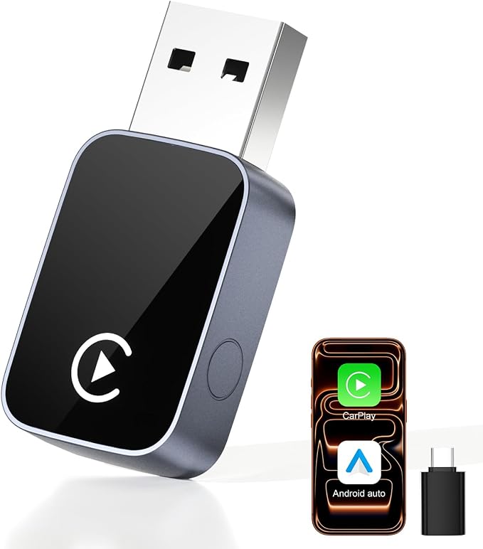 2-in-1 Wireless CarPlay & Android Auto Adapter Bluetooth 5.3 5GHz Wi-Fi No Audio Lag Auto Connect One-Click Switch Convert Wired to Wireless Plug & Play for iOS 10+ Android 11+ with USB A & Type-C