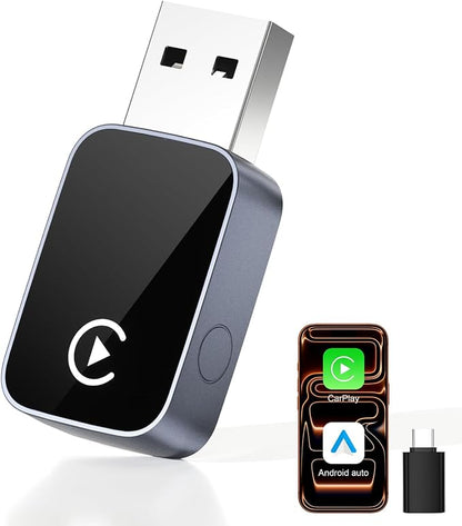 2-in-1 Wireless CarPlay & Android Auto Adapter Bluetooth 5.3 5GHz Wi-Fi No Audio Lag Auto Connect One-Click Switch Convert Wired to Wireless Plug & Play for iOS 10+ Android 11+ with USB A & Type-C