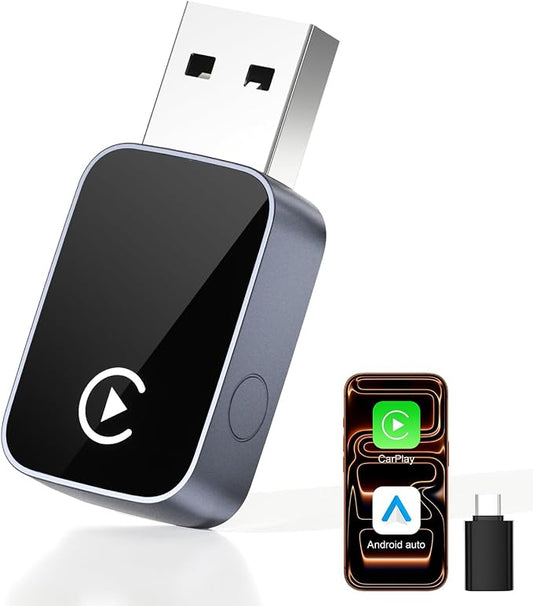 2-in-1 Wireless CarPlay & Android Auto Adapter Bluetooth 5.3 5GHz Wi-Fi No Audio Lag Auto Connect One-Click Switch Convert Wired to Wireless Plug & Play for iOS 10+ Android 11+ with USB A & Type-C