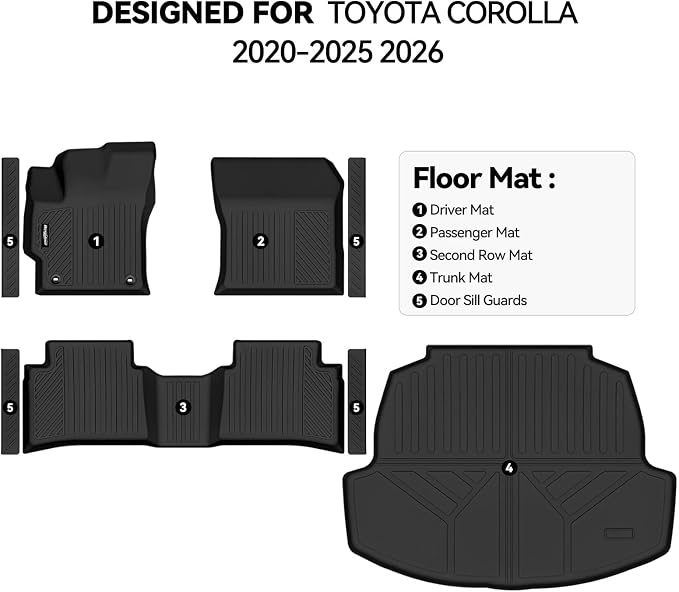 Floor Mats for Toyota Corolla 2020-2025 2026, Trunk Mat & Door Sill Guard All Weather TPE Protector for Toyota Corolla Accessories