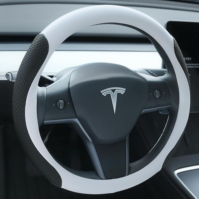 Uxcer Premium Leather Steering Wheel Cover for Tesla Model 3/Y 2016-2025 2026 Juniper/Highland, Non-Slip Breathable Tesla Model 3/Y Steering Wheel Protector, White
