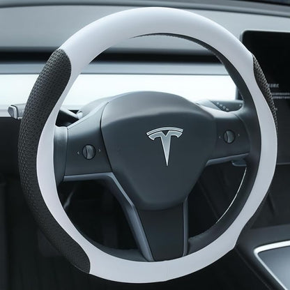 Uxcer Premium Leather Steering Wheel Cover for Tesla Model 3/Y 2016-2025 2026 Juniper/Highland, Non-Slip Breathable Tesla Model 3/Y Steering Wheel Protector, White