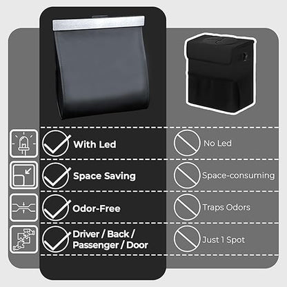 COZILO Leather Car Trash Can with Smart LED Light & Magnetic Closure,Leak-Proof, Odor-Lock Car Garbage Can for Any Cars, Sedans, SUVs, Trucks, Black