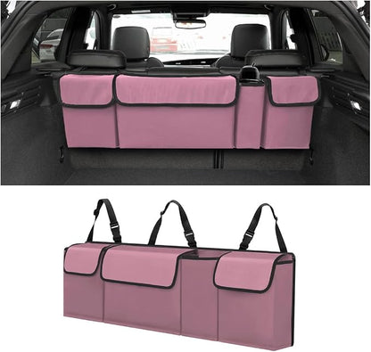 BELOMI Car Trunk Organizer, Auto Waterproof Sturdy Backseat Hanging Large Storage Collapsible Cargo Bag with Anti-Slip Adjustable Strip&4 Pockets, Vehicle Interior Accessories for Man Woman (Pink)
