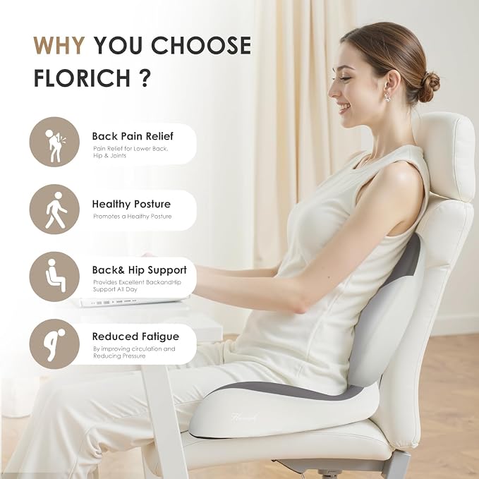 FLORICH Upgraded Ergonomic Memory Foam Car Seat Cushion with Lumbar Support, Non-Slip, Washable Driving Seat Cushion for Back & Sciatica Pain Relief, Large Car Seat Cushion Driver, Office-Gray