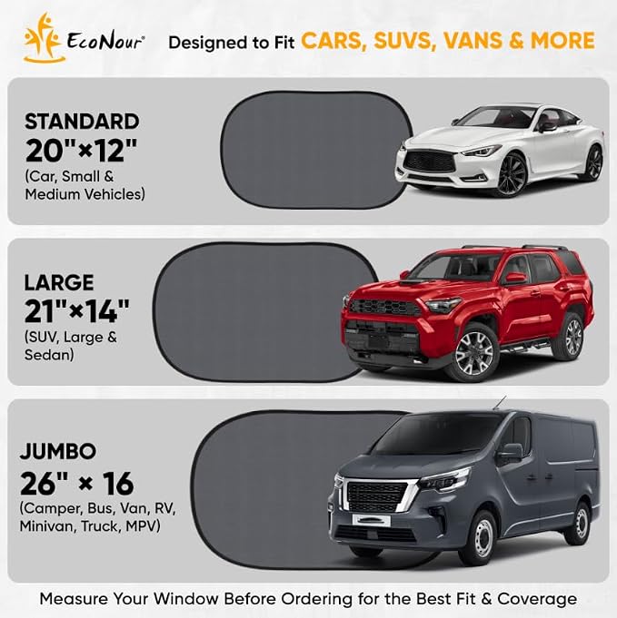 EcoNour Car Side Window Shade for Baby - 2 Pack | Car Window Shade for Sun Glare, Heat and UV Protection | Rear Side Window Sunshade for Privacy Blackout Car Accessories | Medium (20"x12")