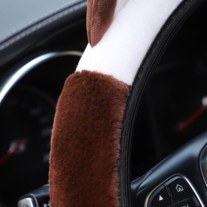 Bittwee Car Steering Wheel Cover, Fluffy Soft Plush for Winter Warm, Cute Steering Wheel Protector with Kitty Cat Ears, Universal 15 Inch, Elastic & Anti-Slip, Lovely Decor Car Accessories (Coffee)