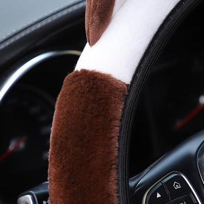 Bittwee Car Steering Wheel Cover, Fluffy Soft Plush for Winter Warm, Cute Steering Wheel Protector with Kitty Cat Ears, Universal 15 Inch, Elastic & Anti-Slip, Lovely Decor Car Accessories (Coffee)