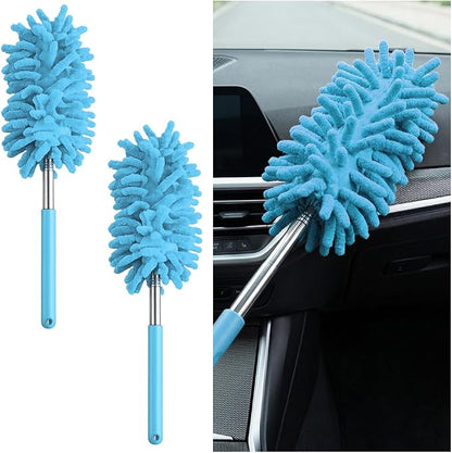 2PCS Car Interior Duster with Extension Pole, 9.45" to 28.35" Microfiber Soft Vehicle Dash Dusting Detailing Wash Brushes, Automotive Dash Cleaning Tool, Universal for SUV RV Truck (Blue)