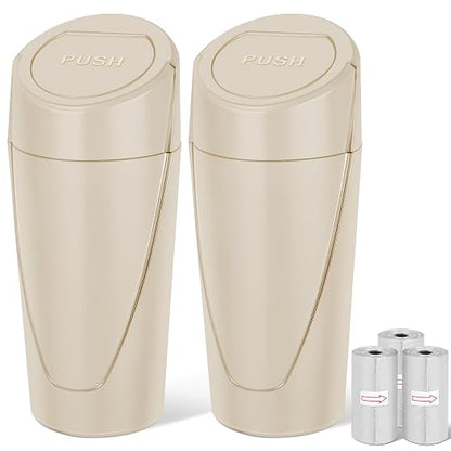 Car Trash Can, 2 Packs Mini Car Garbage Can Cup Holder with Lid | Leakproof Car Trash Bin with 60 Trash Bags, Vehicle Front Back Seat Organizers and Storage for Car, Home, Office, Beige