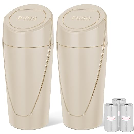 Car Trash Can, 2 Packs Mini Car Garbage Can Cup Holder with Lid | Leakproof Car Trash Bin with 60 Trash Bags, Vehicle Front Back Seat Organizers and Storage for Car, Home, Office, Beige