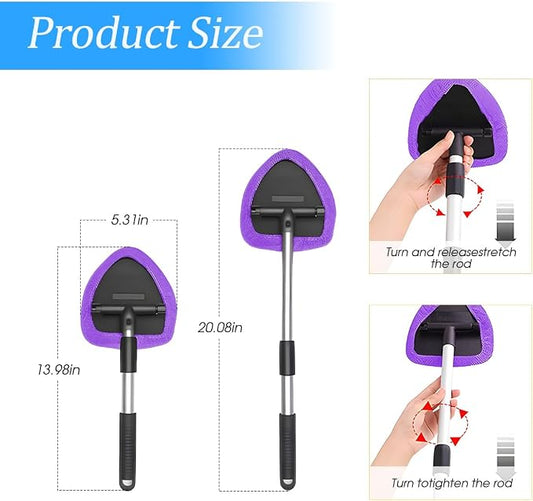 Windshield Cleaning Tool, Car Window Cleaner with Extendable Long Handle and 4 Washable Reusable Microfiber Pads, Auto Interior Exterior Glass Wiper Cleaning Kit Universal for Office and Home (Pueple)