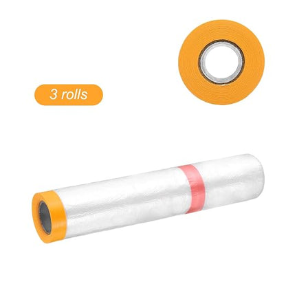 HARFINGTON 3 Rolls Pre-Taped Masking Film 78.7" x32.8ft Double Adhesive Tape and Drape Painters Plastic Drop Cloth Film with Tape Plastic Sheeting for Automotive Painting Covering