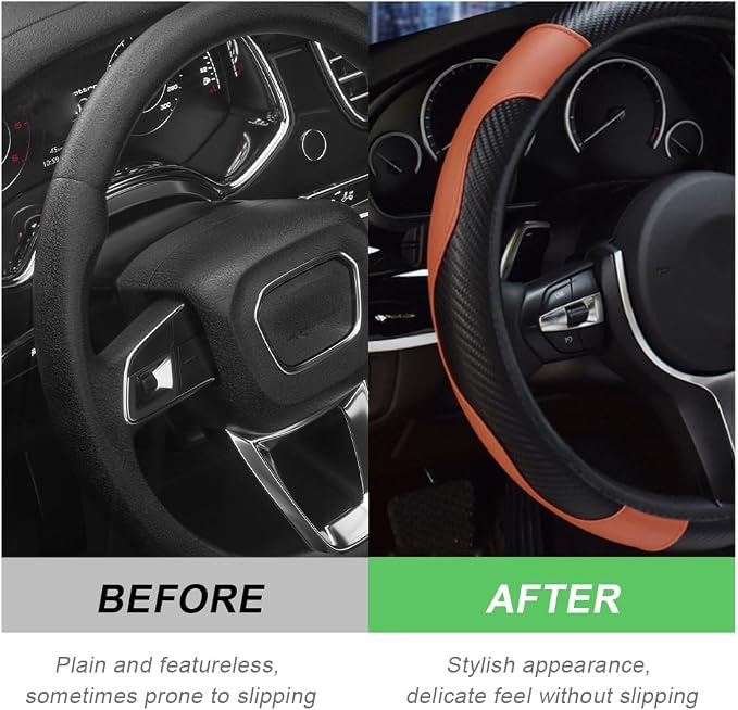 DXNQ Car Steering Wheel Cover, 15 Inch Carbon Fiber Leather Stitching Color Steering Wheel Protector, Anti-Slip Elastic Breathable Steering Wheel Cover Stylish Decor for Most Cars (Black & Coffee)