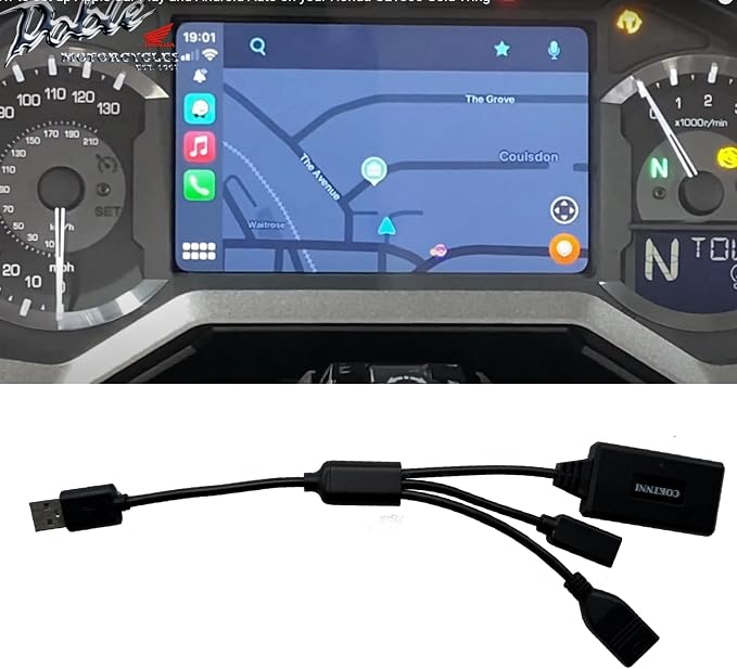 Motorcycle wired CarPlay adapter compatible with 2019-2023 Street Glide CVO, 2020-2023 Indian Road Master, and 2018-2023 Gold Wing GL1800/F6B automatic connection.Not compatible with iPhones after 15.