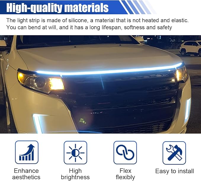 71 Inch Exterior Car LED Hood Light Strip, Flexible Waterproof Dynamic Scan Start Up Hoodbeam Lights, Universal 12V Bright Daytime Running Light Strip for Cars, SUVs, Trucks (Ice Blue)