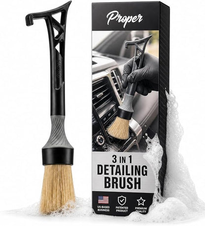 Boars Hair Detailing Brush, 3 in 1 Patent Pending in House Design from Proper. Detail Automotive Interior or Exterior, get Professional Results with Proper Detail Brushes Car Detailing