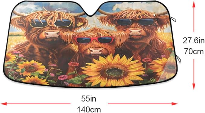 Highland Cows Sunflowers Windshield Sunshade Car Sun Shade Front Window Shade for Truck SUV Blocks UV Rays Sun Reflector Visor Protector Accordion Folding