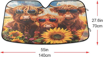 Highland Cows Sunflowers Windshield Sunshade Car Sun Shade Front Window Shade for Truck SUV Blocks UV Rays Sun Reflector Visor Protector Accordion Folding