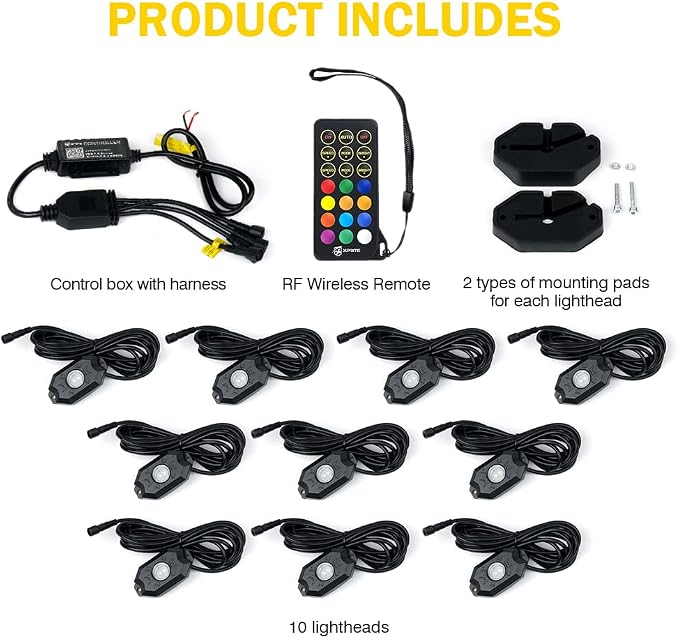 Xprite RGBW LED Rock Lights Kit with Bluetooth & Wireless Remote Controller, Multicolor Cars Underglow, Wheel, Footwell Neon Light Kits, for Off-Road UTV ATV Trucks SUV Motorcycle Boats - 10 Pods