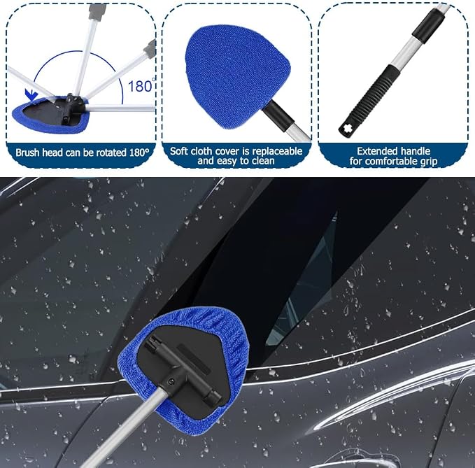 Car Wash Brush with Long Handle, Windshield Cleaning Tool, Car Washing Mop Kit Mitt Sponge Car Cleaning Supplies Kit, Microfiber Towel Gloves Universal for Cars RV SUV Truck Office (Blue)